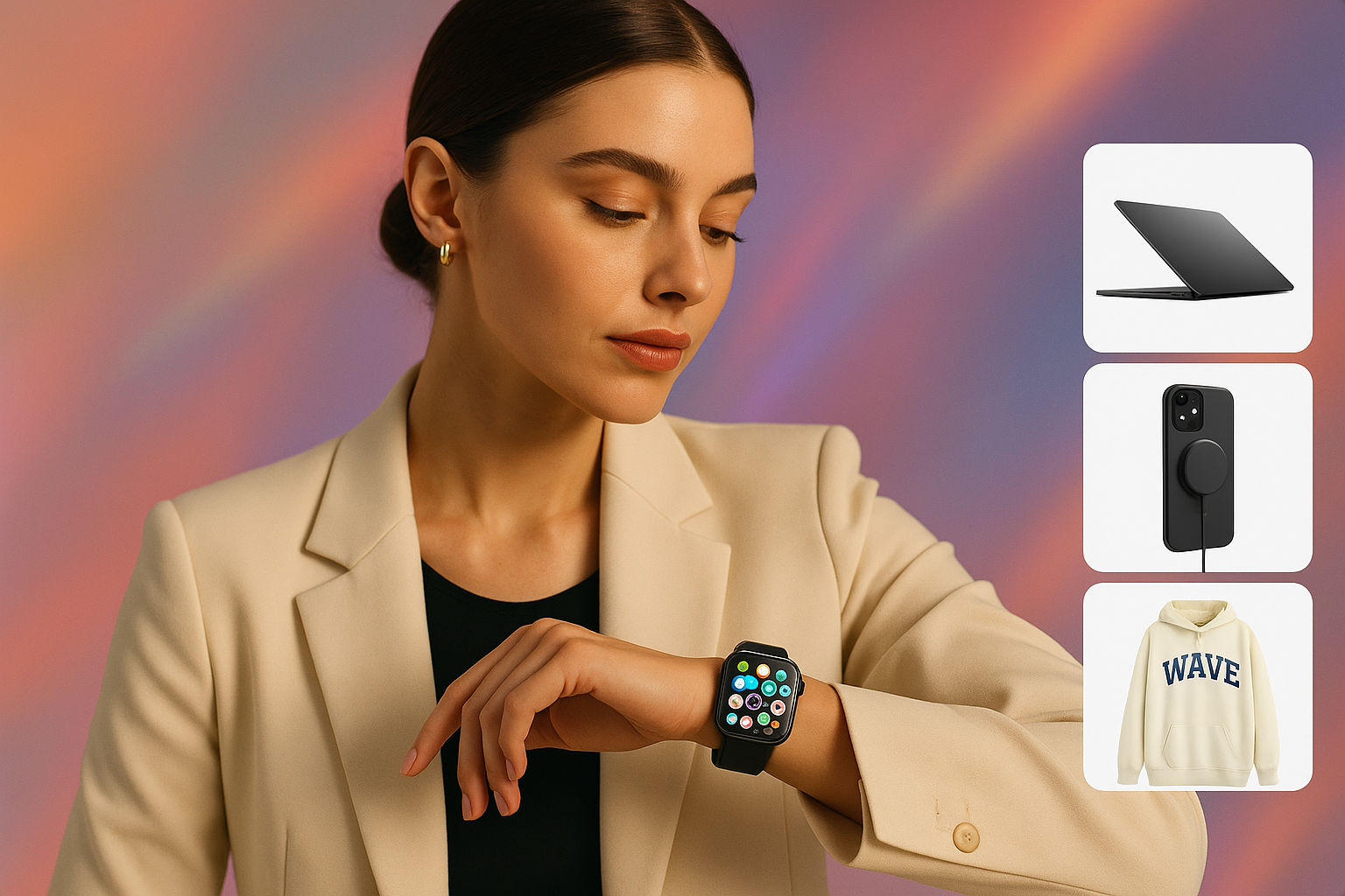 let the model be the previous one shown and the previous background. The smartwatch should be an apple watch with menu showing. there should be a list of three things on the side; a laptop, phone accessory, and an example of gen z clothing. all in small thumbnails going down